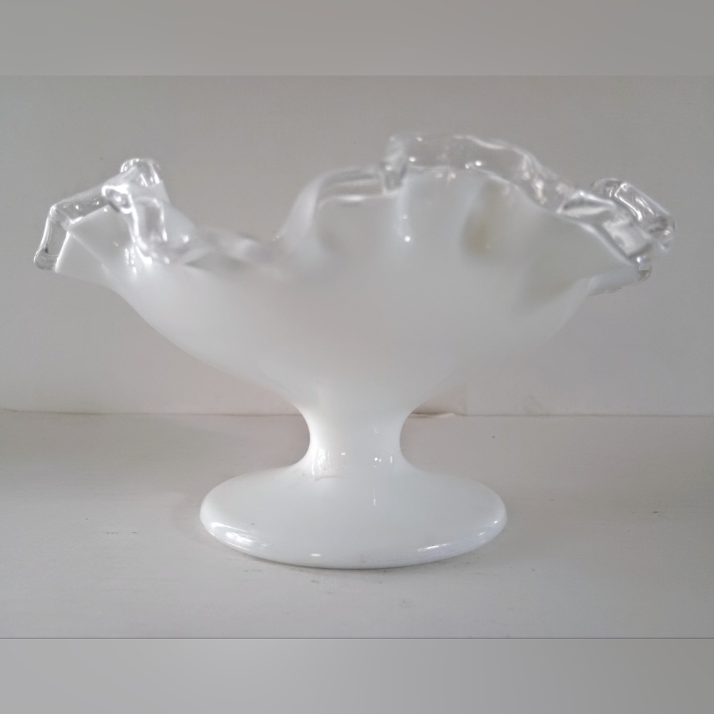 Fenton "Silver Crest" Milk Glass Ruffle Scalloped Footed Bowl - Picture 3 of 3